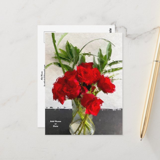 Painted Red Roses on Black and White Background  Postcard (Front/Back In Situ)
