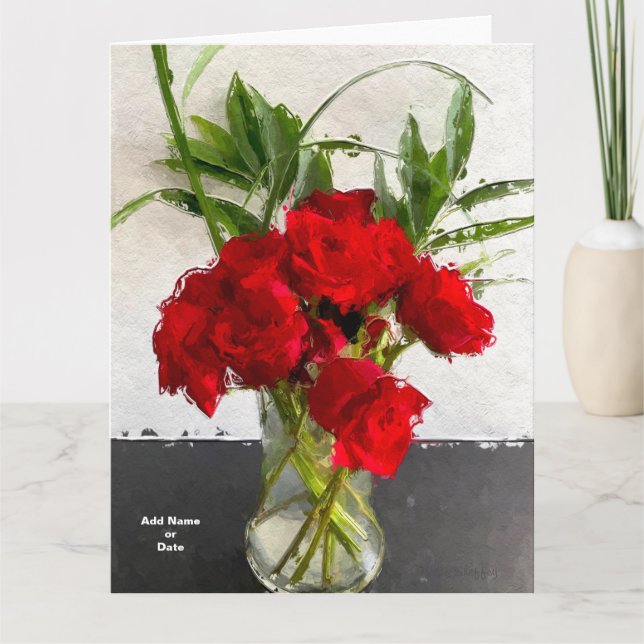 Painted Red Roses on Black and White Background Thank You Card (Front)