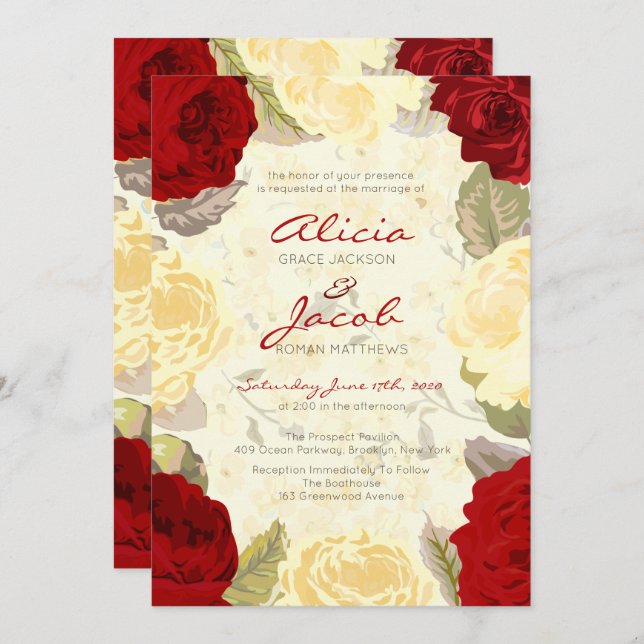 Painted Red Roses Wedding Invitation (Front/Back)