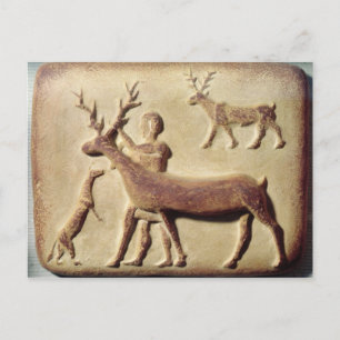 Painted relief depicting a man with deer postcard