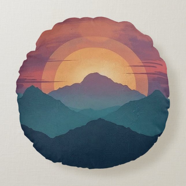 Painted Retro Mountain Sunset - Round Throw Pillow (Front)