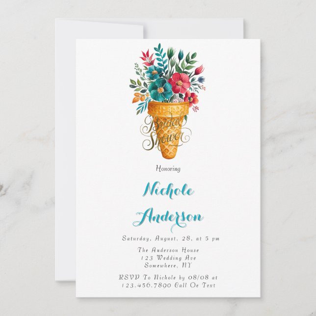 Painted Romance Ice Cream Cone Gold Bridal Shower Invitation (Front)