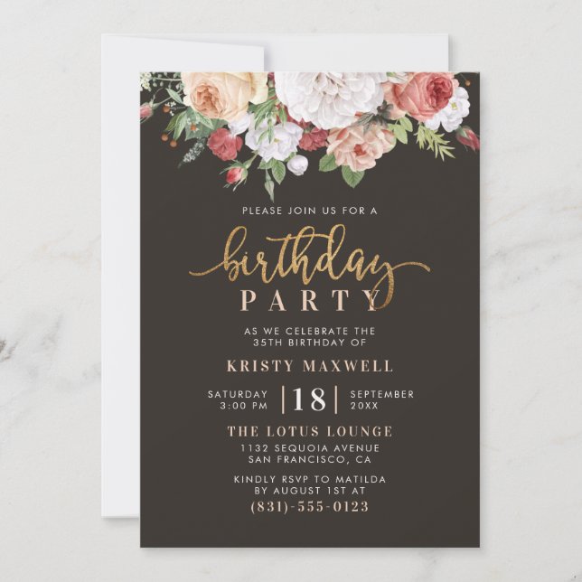 Painted Roses & Modern Gold Script Birthday Party Invitation (Front)
