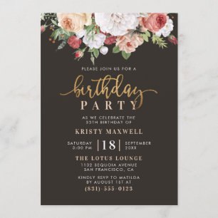 Painted Roses & Modern Gold Script Birthday Party Invitation