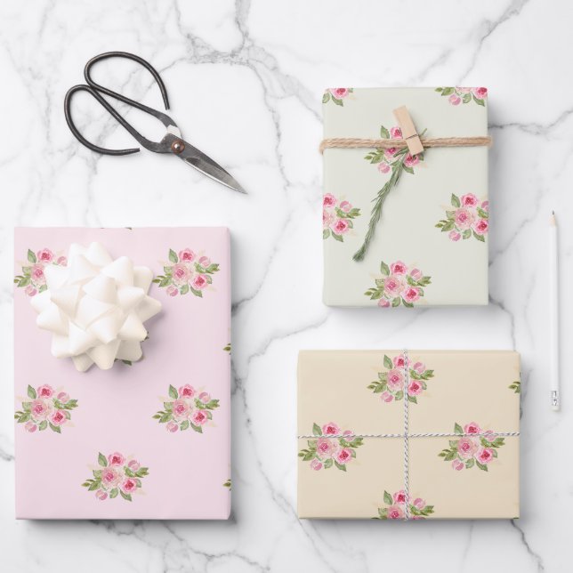 Painted Roses Pattern Wrapping Paper Sheet (Front)