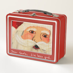 Painted Santa Clause Face on Plywood and Text Metal Lunch Box