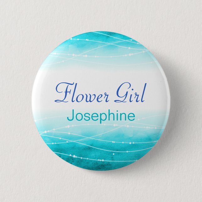 Painted sea Flower girl blue wedding pin / button (Front)