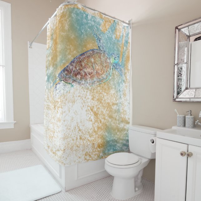 Painted Sea Turtle Coastal Beach Theme Shower Curtain (In Situ)