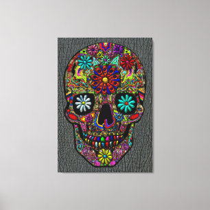 Painted Skull Floral Art on Faux Shark Skin Canvas Print