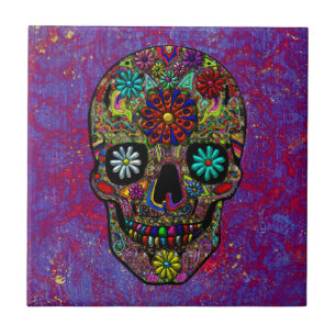 Painted Skull Floral Art Tile