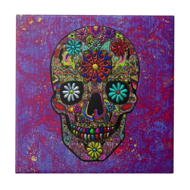 Painted Skull Floral Art Tile (Front)