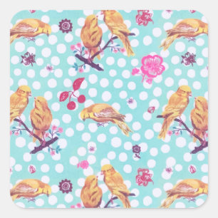 Painted Spring Cherry Blossom Bird Flowers Square Sticker