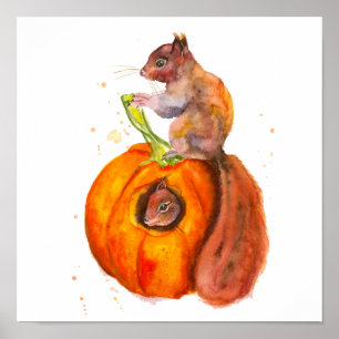 Painted Squirrels Having A Pumpkin Snack Autumn Poster