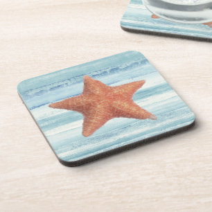 Painted Starfish on Blue Watercolor Stripes Coaster