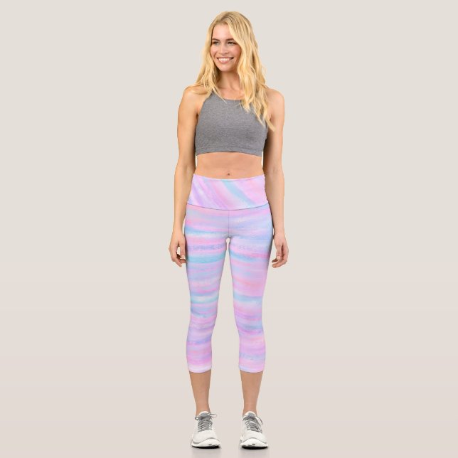  Painted Stripes Turquoise Pink Purple Capri Leggings (Front)