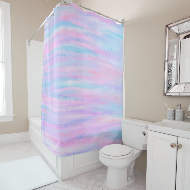 Painted Stripes Turquoise Pink Purple Shower Curtain (In Situ)