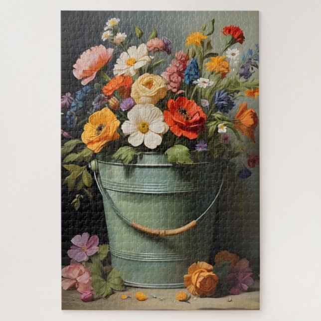 Painted summer flowers bouquet in a green bucket jigsaw puzzle (Vertical)