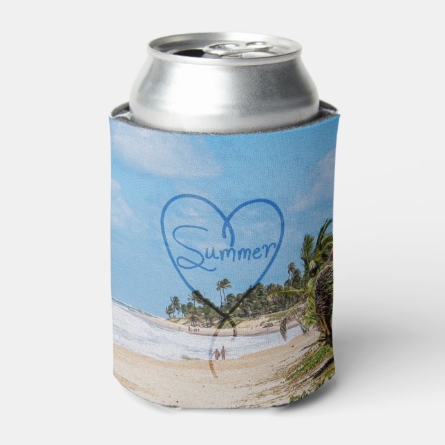 Painted "Summer" Heart Typography Beach Scene Can Cooler (Can Front)