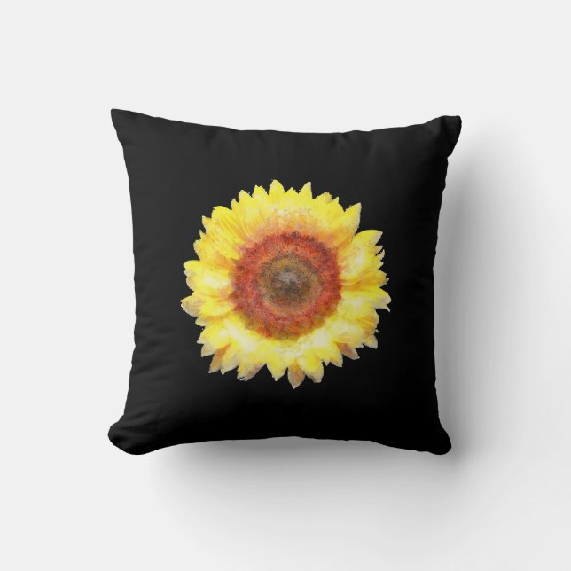 Painted Sunflower on Black Throw Pillow (Front)