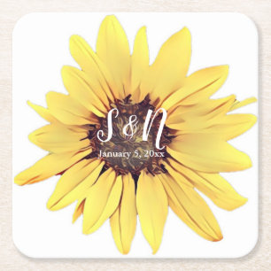 Painted Sunflower Wedding Monogram Square Paper Co Coaster