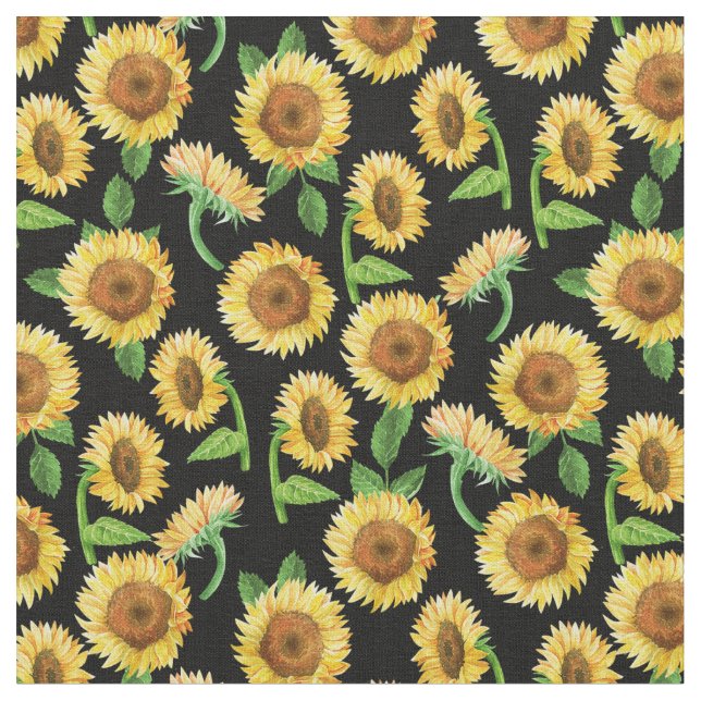 painted sunflowers pattern black fabric (Close Up)