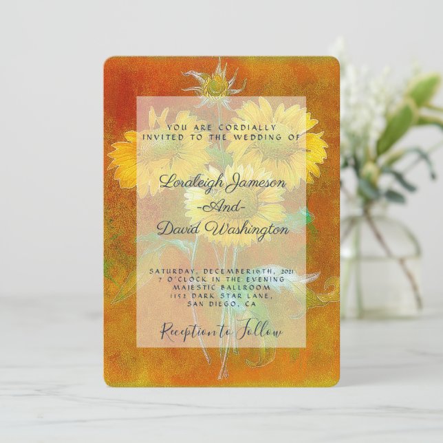 Painted sunflowers wedding invitation (Standing Front)