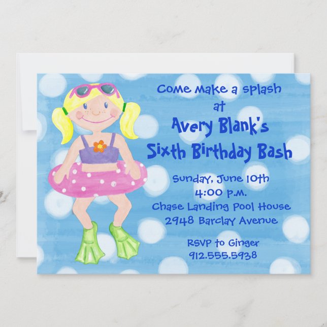 Painted Swim Party- Blonde Girl Invitation (Front)