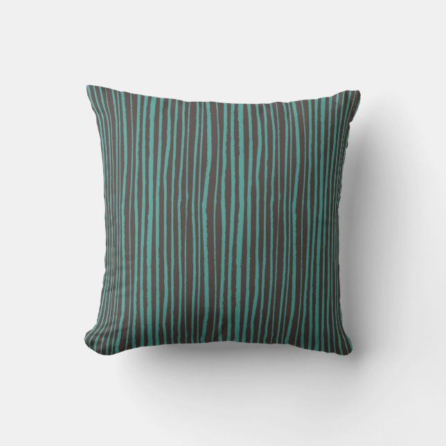 Painted Teal Stripes on Dark Brown Cushion (Front)