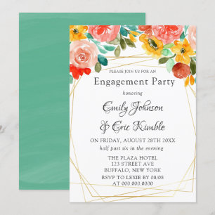 Painted Teal Yellow Orange Peony Engagement Party Invitation
