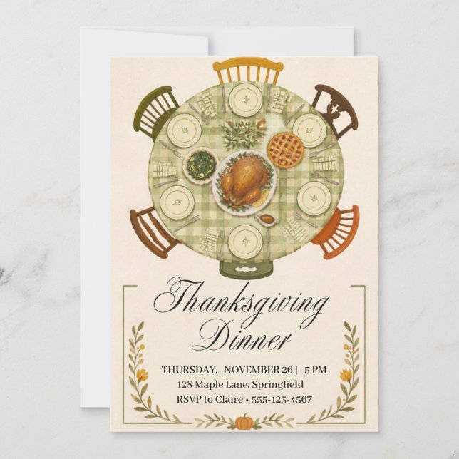 Painted Thanksgiving Dinner Table Gingham Invitation (Front)