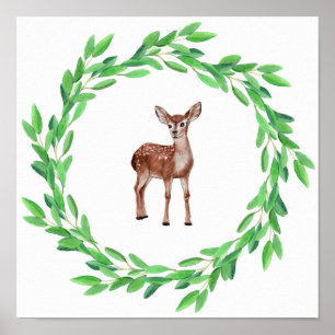 Painted Tiny Baby Deer Fawn Wreath of Leaves Poster