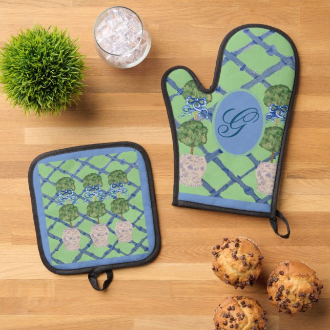 Painted Topiary Chinoiserie Ginger Jars Jar Oven Mitt & Pot Holder Set (Top Down)