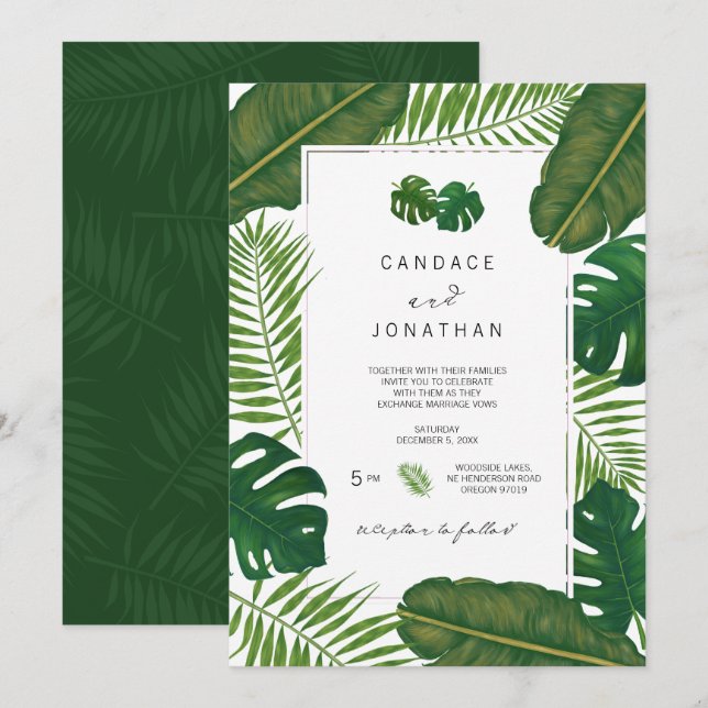 Painted Tropical Leaves Beach Wedding Invitation (Front/Back)