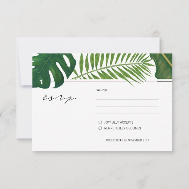 Painted Tropical Leaves Beach Wedding RSVP Card (Front)