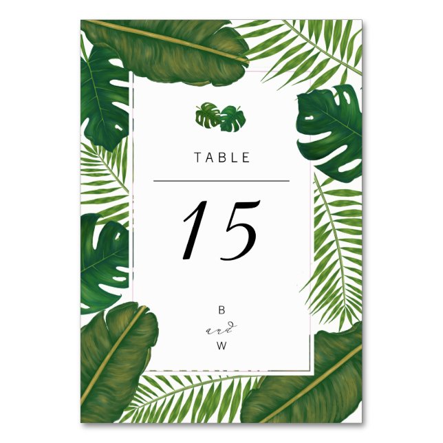 Painted Tropical Leaves Beach Wedding Table Number (Front)