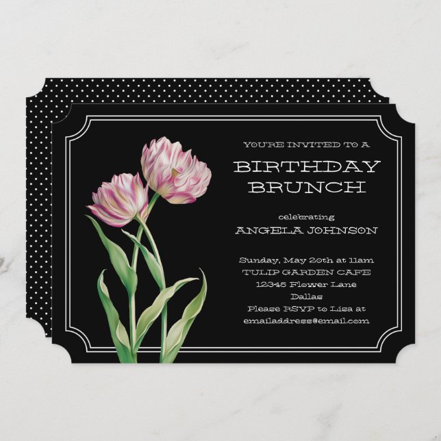 Painted Tulips and Polka Dots Birthday Brunch Invitation (Front/Back)