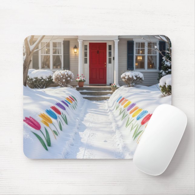 Painted Tulips In Snow Banks Mouse Mat (With Mouse)