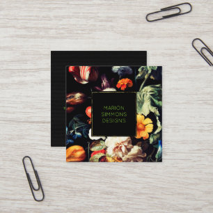 Painted Vintage Floral on Black Square Business Card