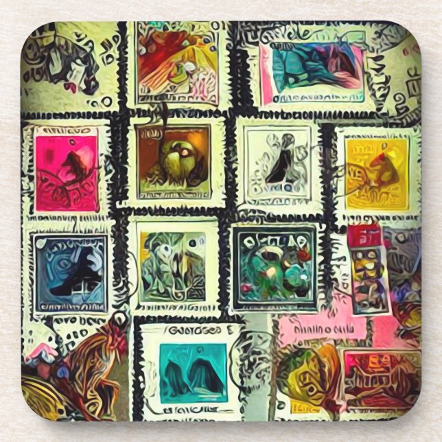 Painted Vintage Stamps Collage Coaster (Front)