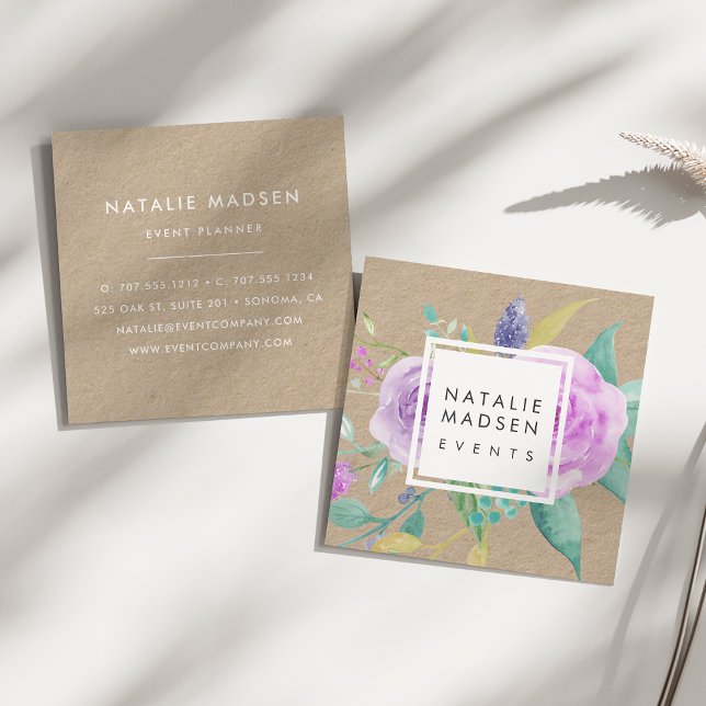 Painted Violet Floral Kraft Square Business Card (Creator Uploaded)