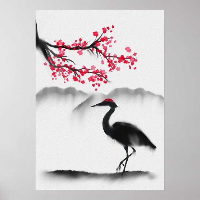 Painted Wall Art with Sakura and Heron (Front)