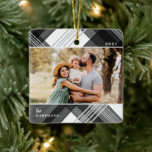 Painted Watercolor Black Plaid Christmas Photo  Ceramic Ornament<br><div class="desc">Create the perfect family keepsake with this stylish Christmas photo ornament, featuring hand painted watercolor plaid in black, grey, and white (diagonally orientated on the ornament). There's a photo template on both the front and the back of the ornament and text templates for easy personalisation. For design or product enquiries,...</div>