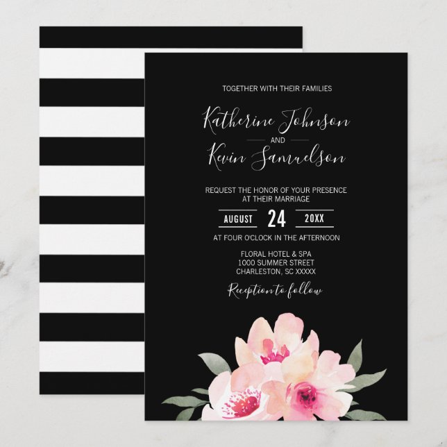 Painted Watercolor Blush Pink Black Floral Wedding Invitation (Front/Back)