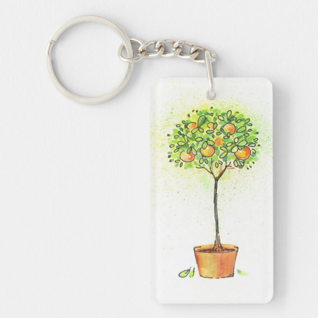 Painted watercolor citrus tree in pot key ring (Front)