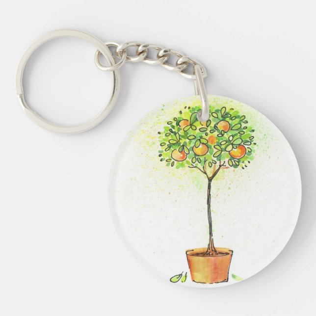Painted watercolor citrus tree in pot key ring (Front)