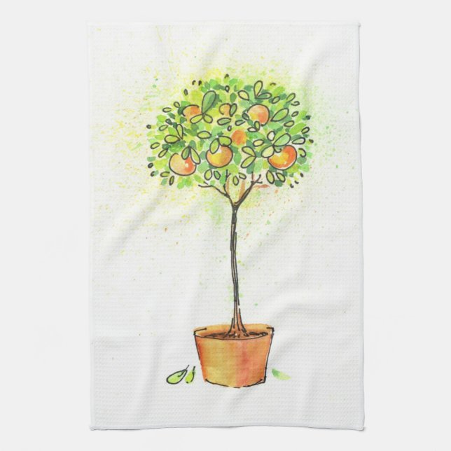 Painted watercolor citrus tree in pot tea towel (Vertical)