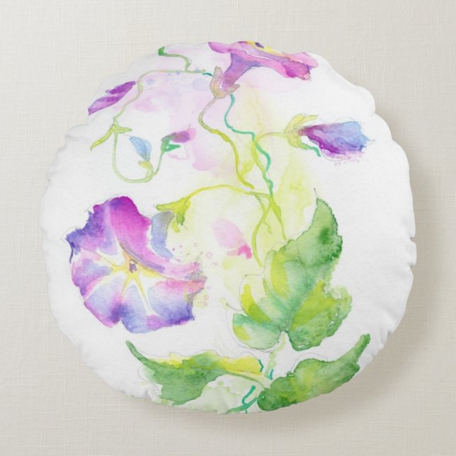 Painted watercolor convolvulus flowers round cushion (Front)
