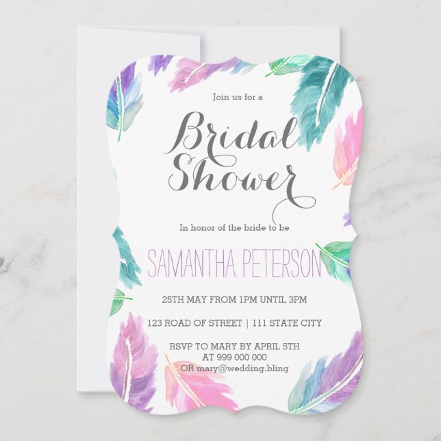 Painted watercolor feathers bridal shower invitation (Front)