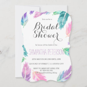 Painted watercolor feathers bridal shower invitation