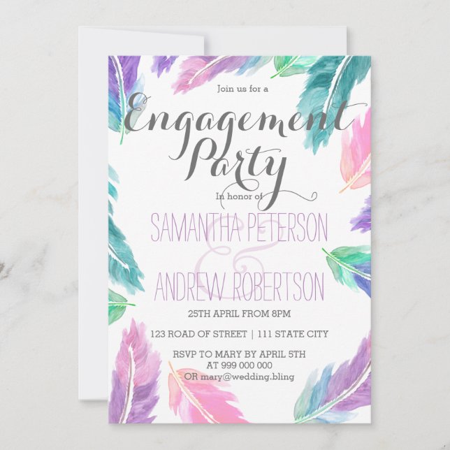 Painted watercolor feathers engagement party invitation (Front)
